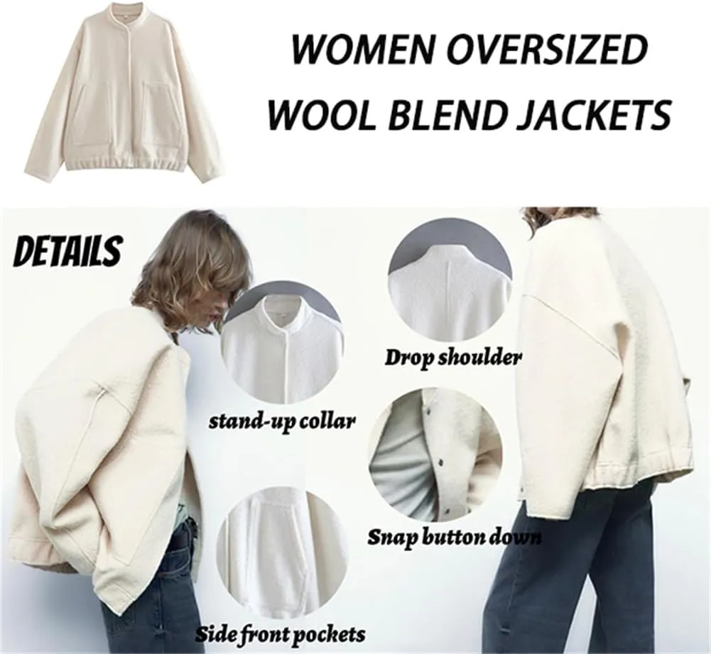 Women Oversized Wool Blend Jackets Outwear with Pockets Long Sleeve Button Down Fleece Fall Winter Coat Casual Loose