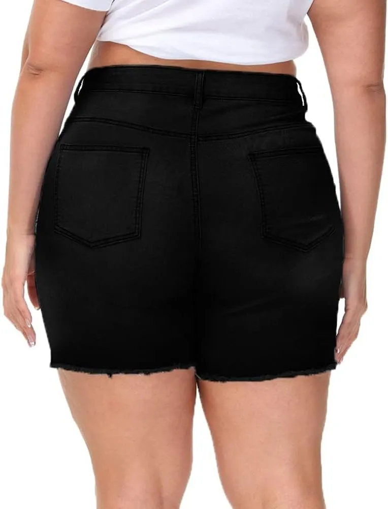 Women Plus Size Jean Shorts Stretchy High Waisted Frayed Raw Hem Denim Shorts 5.5" Inseam