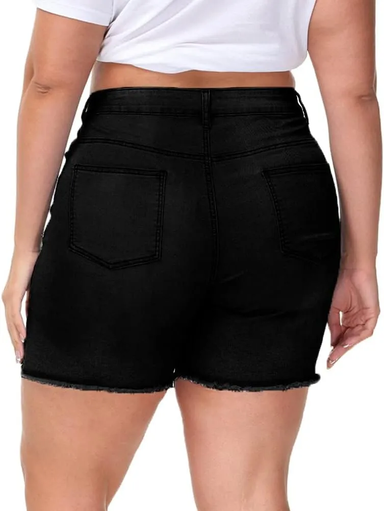 Women Plus Size Jean Shorts Stretchy High Waisted Frayed Raw Hem Denim Shorts 5.5" Inseam