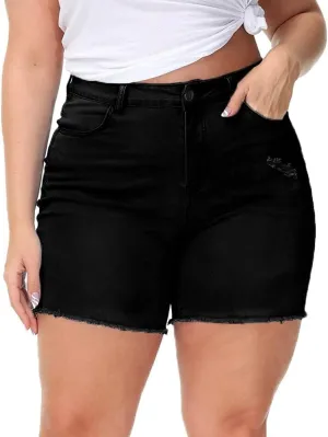 Women Plus Size Jean Shorts Stretchy High Waisted Frayed Raw Hem Denim Shorts 5.5" Inseam