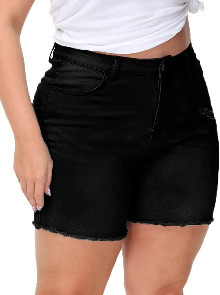 Women Plus Size Jean Shorts Stretchy High Waisted Frayed Raw Hem Denim Shorts 5.5" Inseam