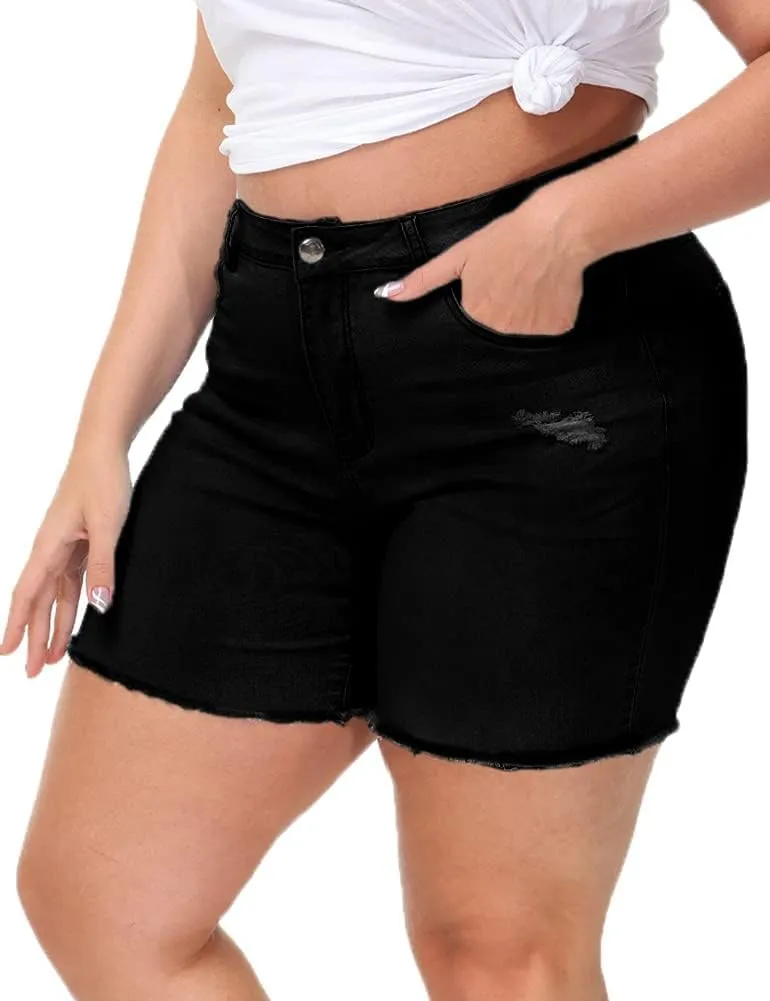 Women Plus Size Jean Shorts Stretchy High Waisted Frayed Raw Hem Denim Shorts 5.5" Inseam