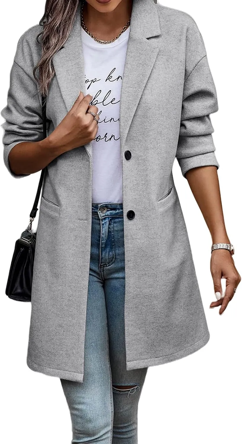 Women Trench Coat Notch Lapel Single Breasted Pea Coat Casual Mid Length Coat Wool Blend Long Sleeve Winter Coat