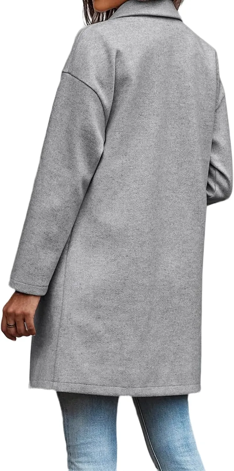 Women Trench Coat Notch Lapel Single Breasted Pea Coat Casual Mid Length Coat Wool Blend Long Sleeve Winter Coat