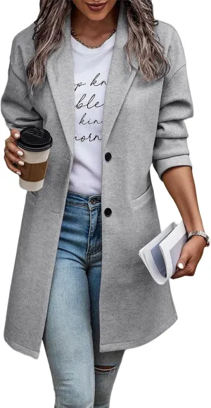 Women Trench Coat Notch Lapel Single Breasted Pea Coat Casual Mid Length Coat Wool Blend Long Sleeve Winter Coat