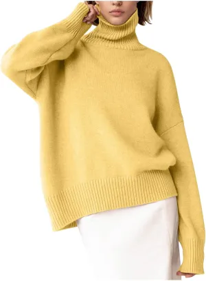 Women Turtleneck Sweaters Fashion Solid Long Sleeves Oversized Sweater Ribbed Knit Loose Casual Pullover Fall Tops