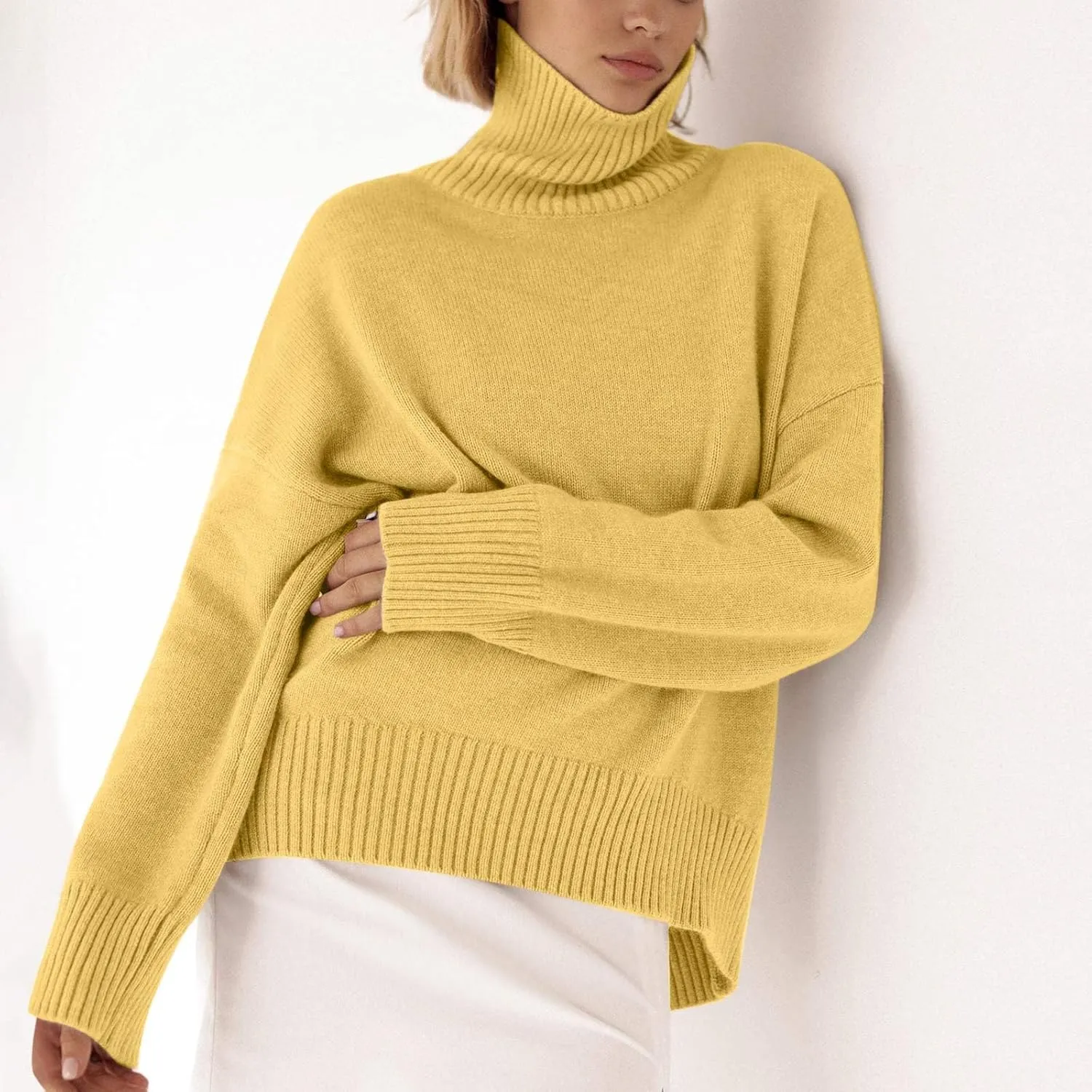 Women Turtleneck Sweaters Fashion Solid Long Sleeves Oversized Sweater Ribbed Knit Loose Casual Pullover Fall Tops