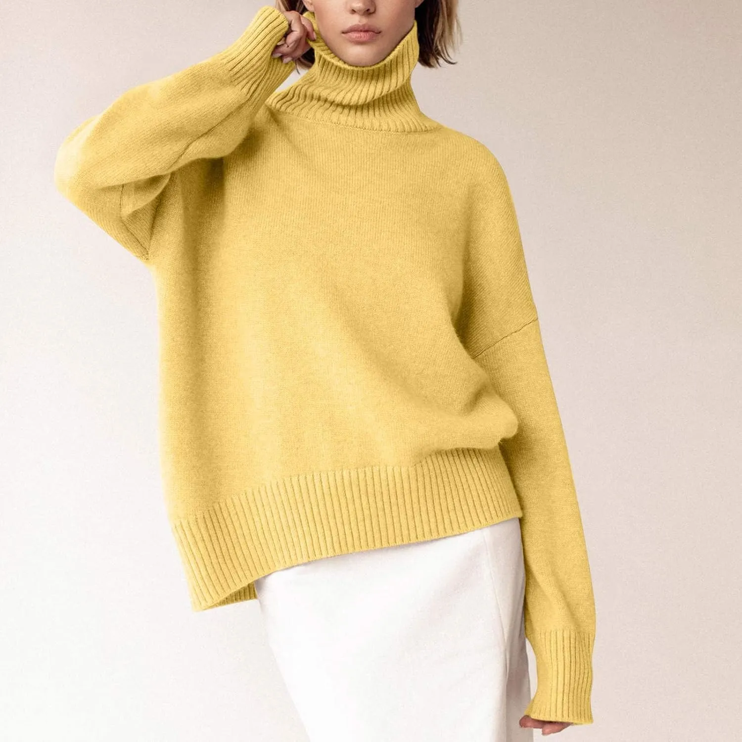 Women Turtleneck Sweaters Fashion Solid Long Sleeves Oversized Sweater Ribbed Knit Loose Casual Pullover Fall Tops