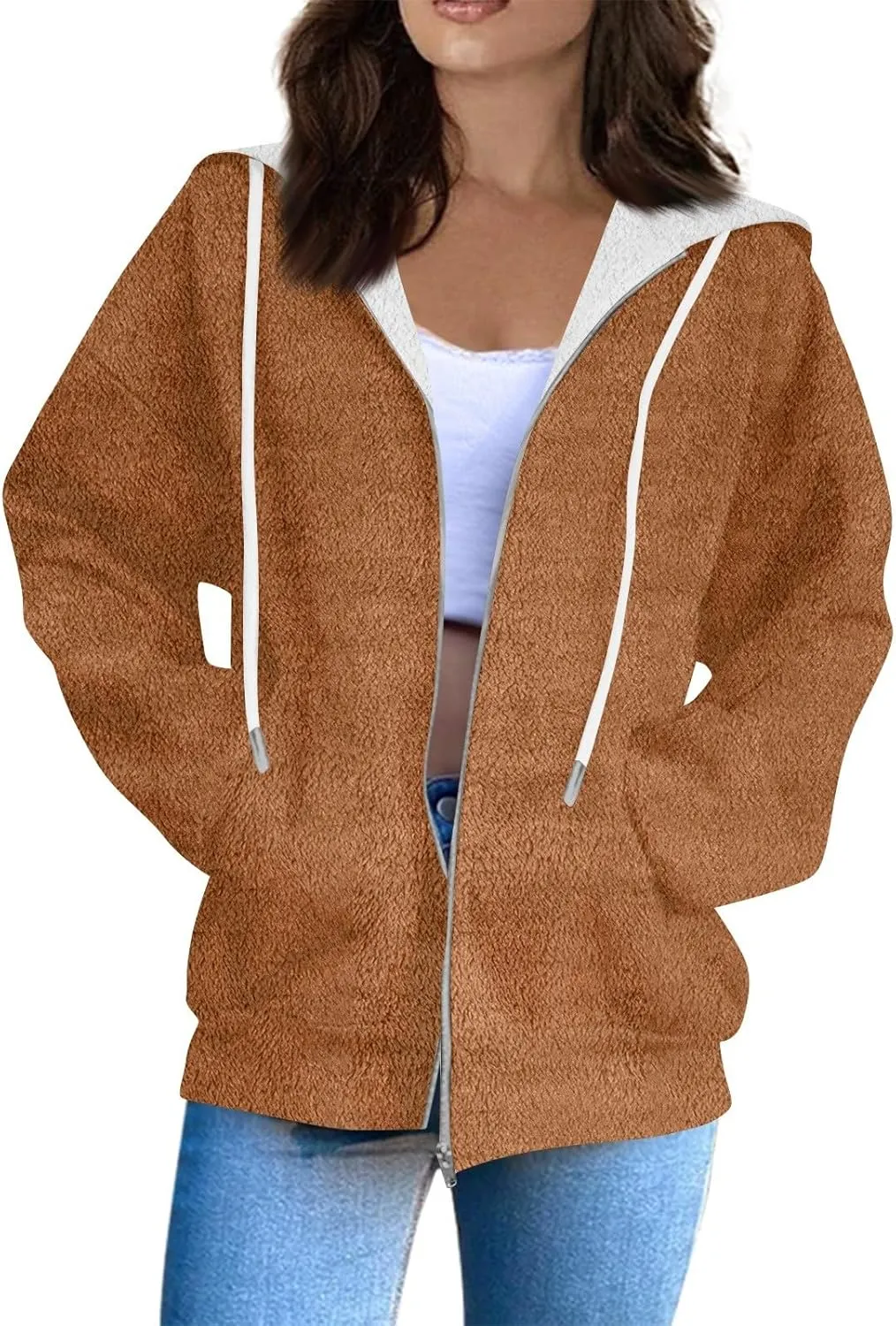 Women Winter Hoodies Zip Up Fleece Warm Sweatshirts Jacket Drawstring Long Sleeve Fleece Lined Hoodie Sweatshirt