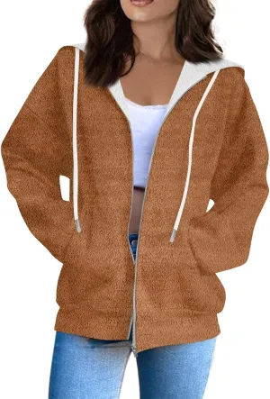Women Winter Hoodies Zip Up Fleece Warm Sweatshirts Jacket Drawstring Long Sleeve Fleece Lined Hoodie Sweatshirt