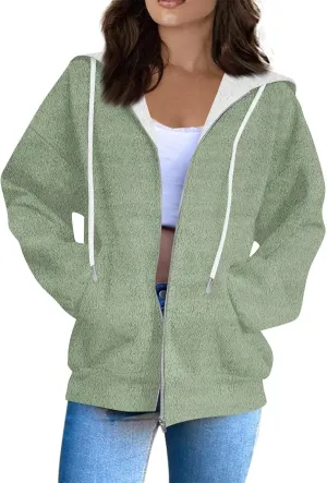 Women Winter Hoodies Zip Up Fleece Warm Sweatshirts Jacket Drawstring Long Sleeve Fleece Lined Hoodie Sweatshirt