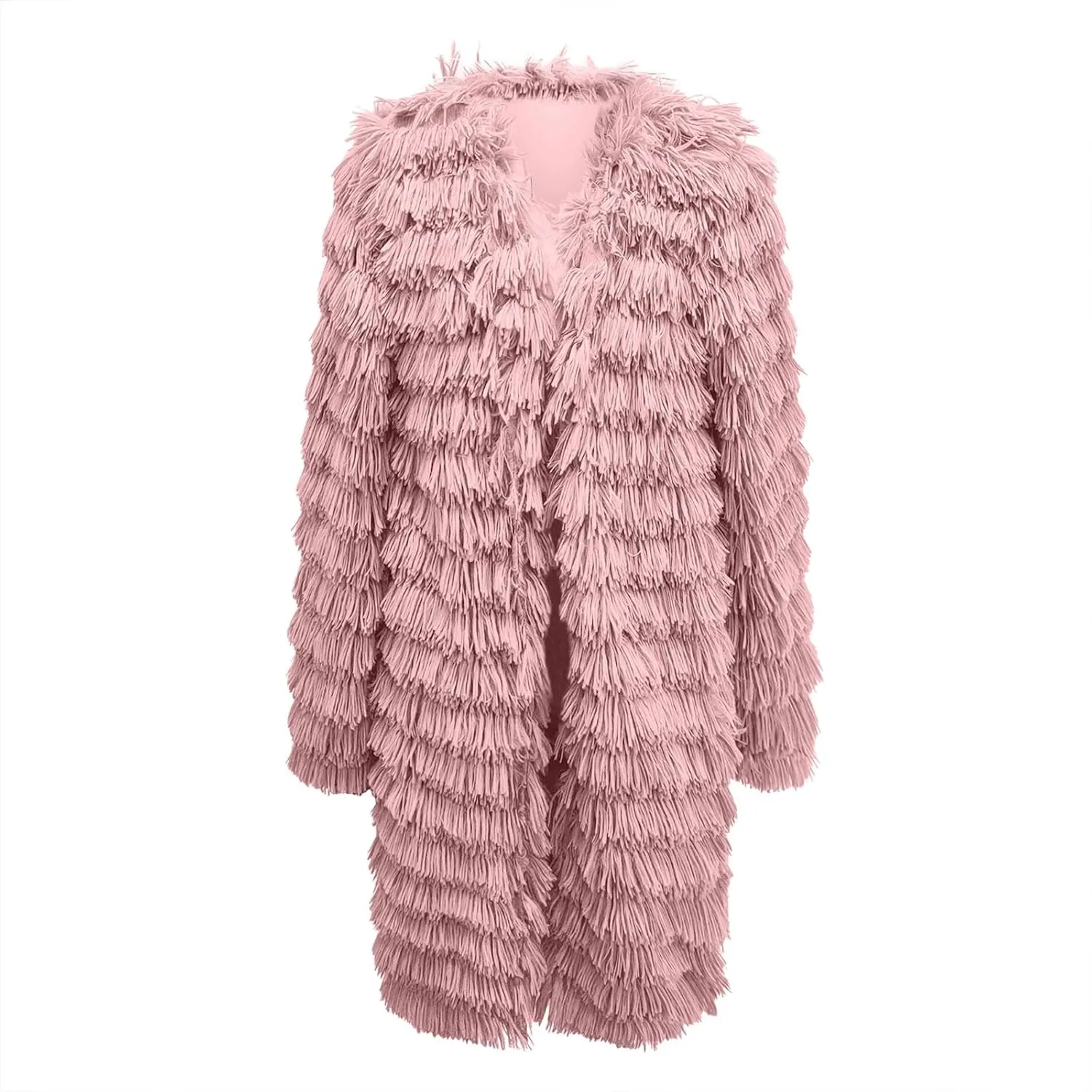 Women's 2023 Winter Faux Fur Jackets Fall Fashion Open Front Long Shaggy Coat Outerwear Tiered Maxi Faux Fur Cardigans