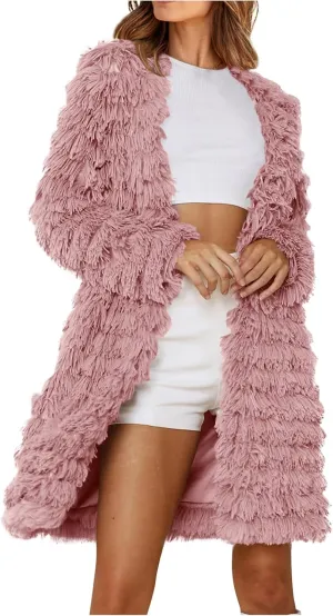 Women's 2023 Winter Faux Fur Jackets Fall Fashion Open Front Long Shaggy Coat Outerwear Tiered Maxi Faux Fur Cardigans