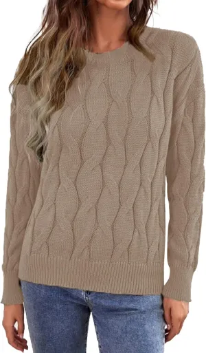 Women's 2024 Casual Long Sleeve Round Neck Cable Knit Solid Color Fall Winter Chunky Pullover Sweater Pullover Tops