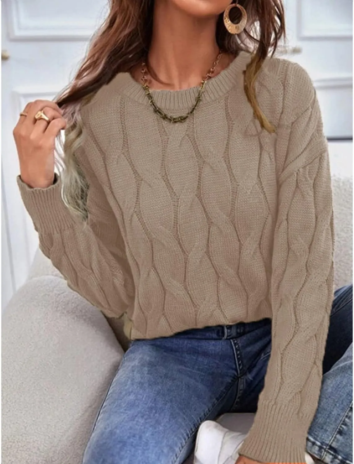 Women's 2024 Casual Long Sleeve Round Neck Cable Knit Solid Color Fall Winter Chunky Pullover Sweater Pullover Tops
