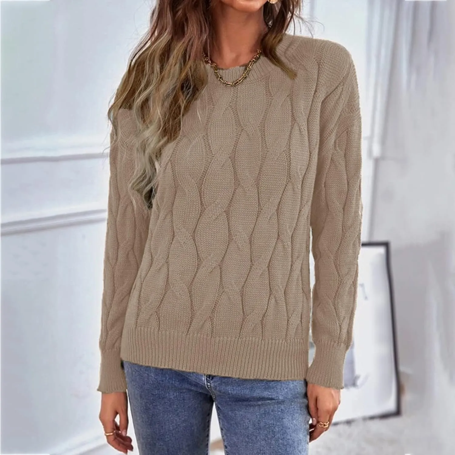 Women's 2024 Casual Long Sleeve Round Neck Cable Knit Solid Color Fall Winter Chunky Pullover Sweater Pullover Tops