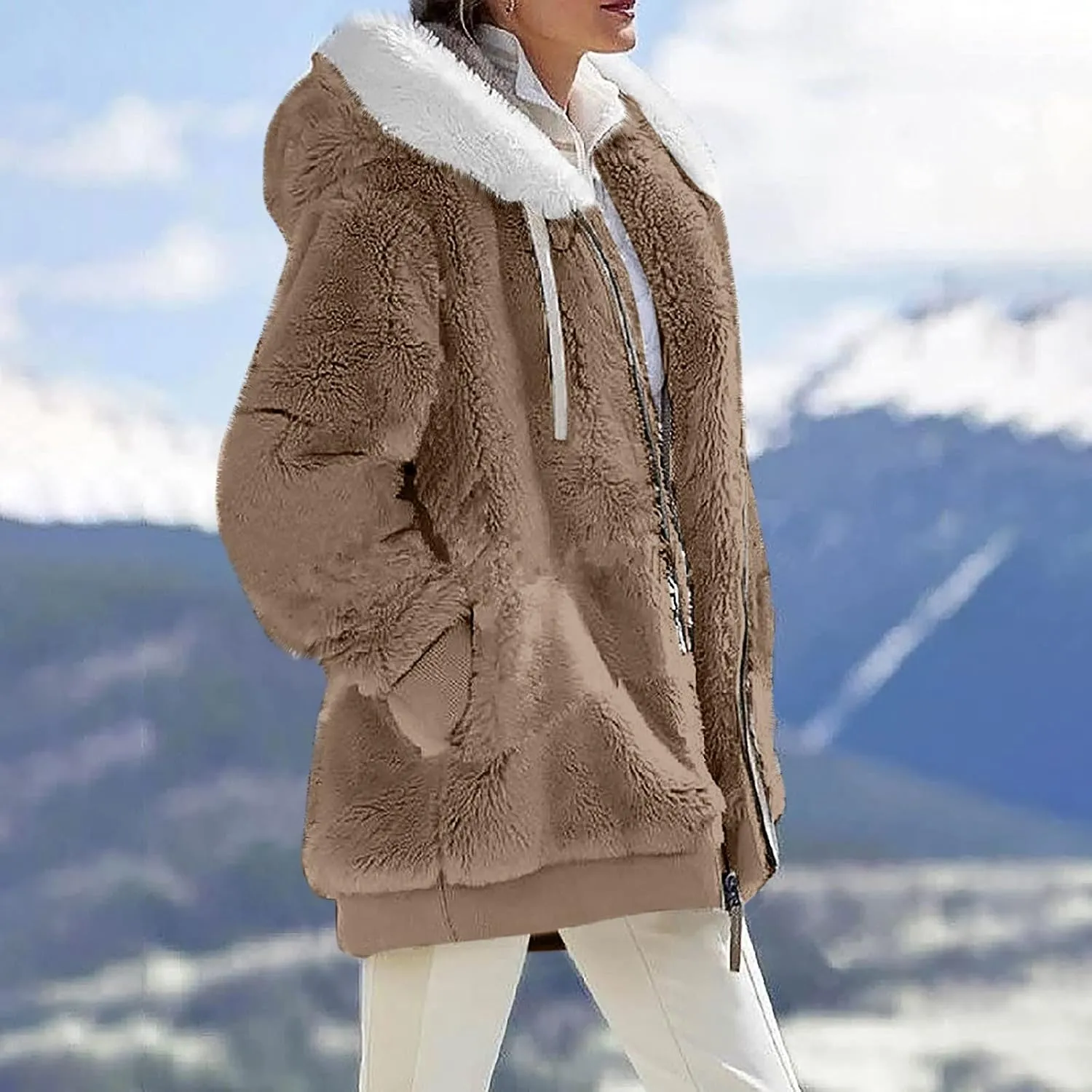 Womens 2024 Winter Fuzzy Fleece Jacket Hooded Color Block Patchwork Long Sleeve Cardigan Coats Outerwear with Pockets