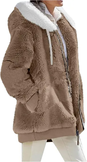 Womens 2024 Winter Fuzzy Fleece Jacket Hooded Color Block Patchwork Long Sleeve Cardigan Coats Outerwear with Pockets