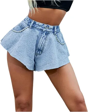 Women's 2025 Denim Shorts Casual Summer High Waisted Wide Leg Buttons Pleated Ruffle Jean Shorts Flowy Blue Skort