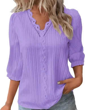Women's 3/4 Sleeve Tops Trendy Summer 2025 Plain Lace Elegant Shirts V Neck Loose Outfits Tunic Casual Fit Blouses