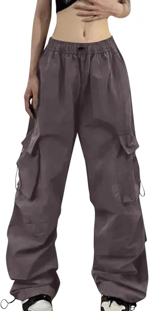 Womens Baggy Parachute Pants Elastic High Rise Lounge Cargo Pant Joggers Y2K Quick Dry Trousers with Multiple Pockets