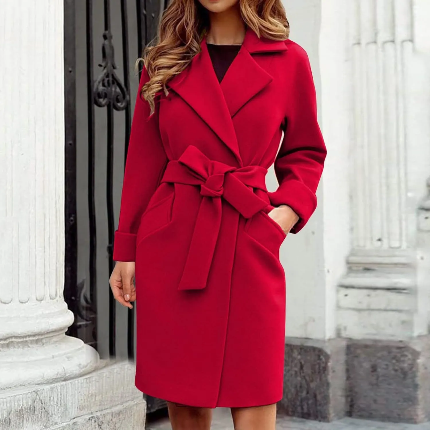 Women's Big Notch Lapel Single Breasted Mid-Long Wool Blend Coat Wool Coat