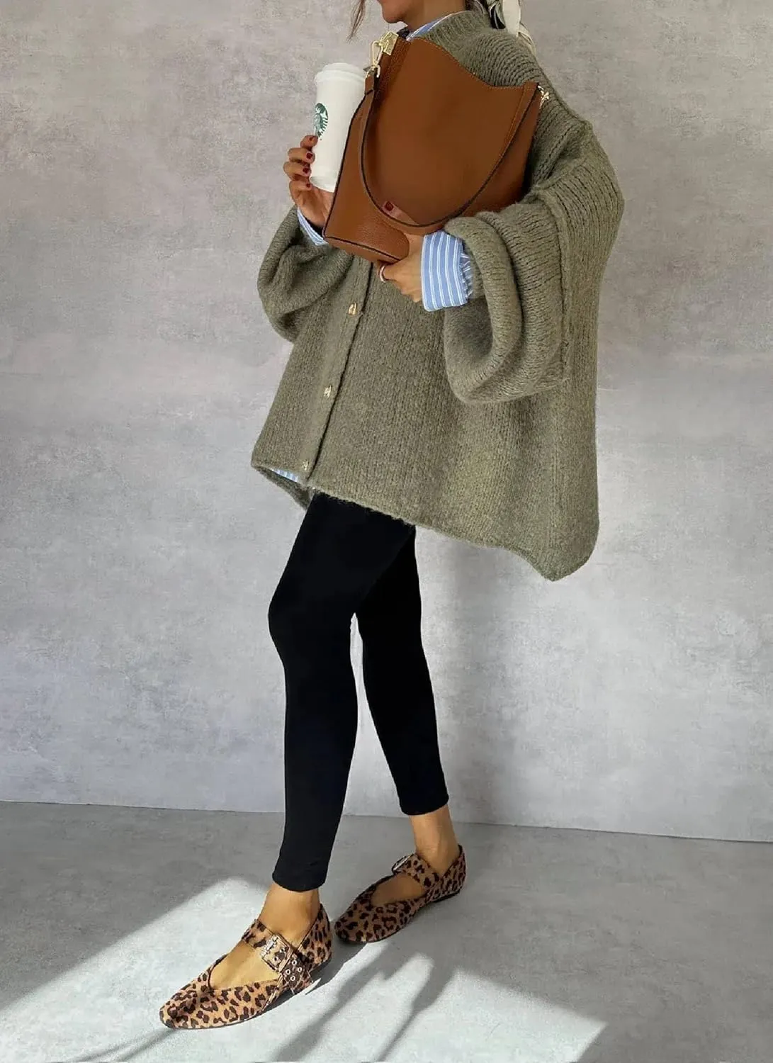 Women's Button Down Cardigans Oversized Chunky Knit Sweater Green Long Sleeves Turtleneck Outwear
