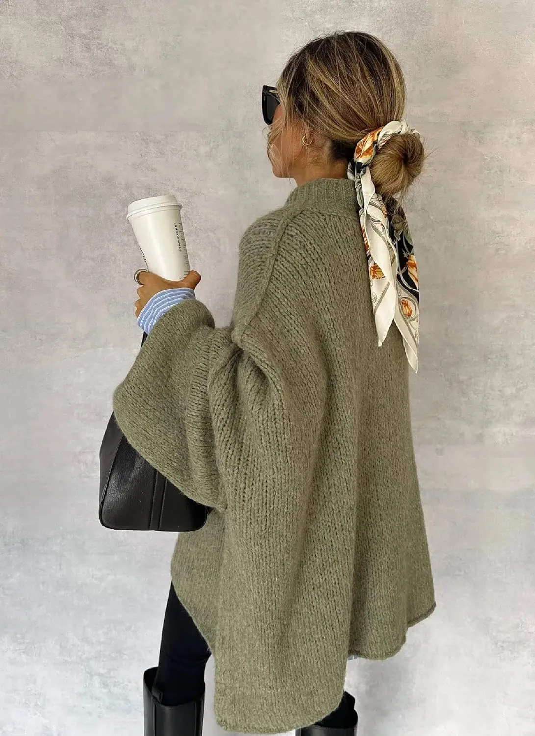 Women's Button Down Cardigans Oversized Chunky Knit Sweater Green Long Sleeves Turtleneck Outwear