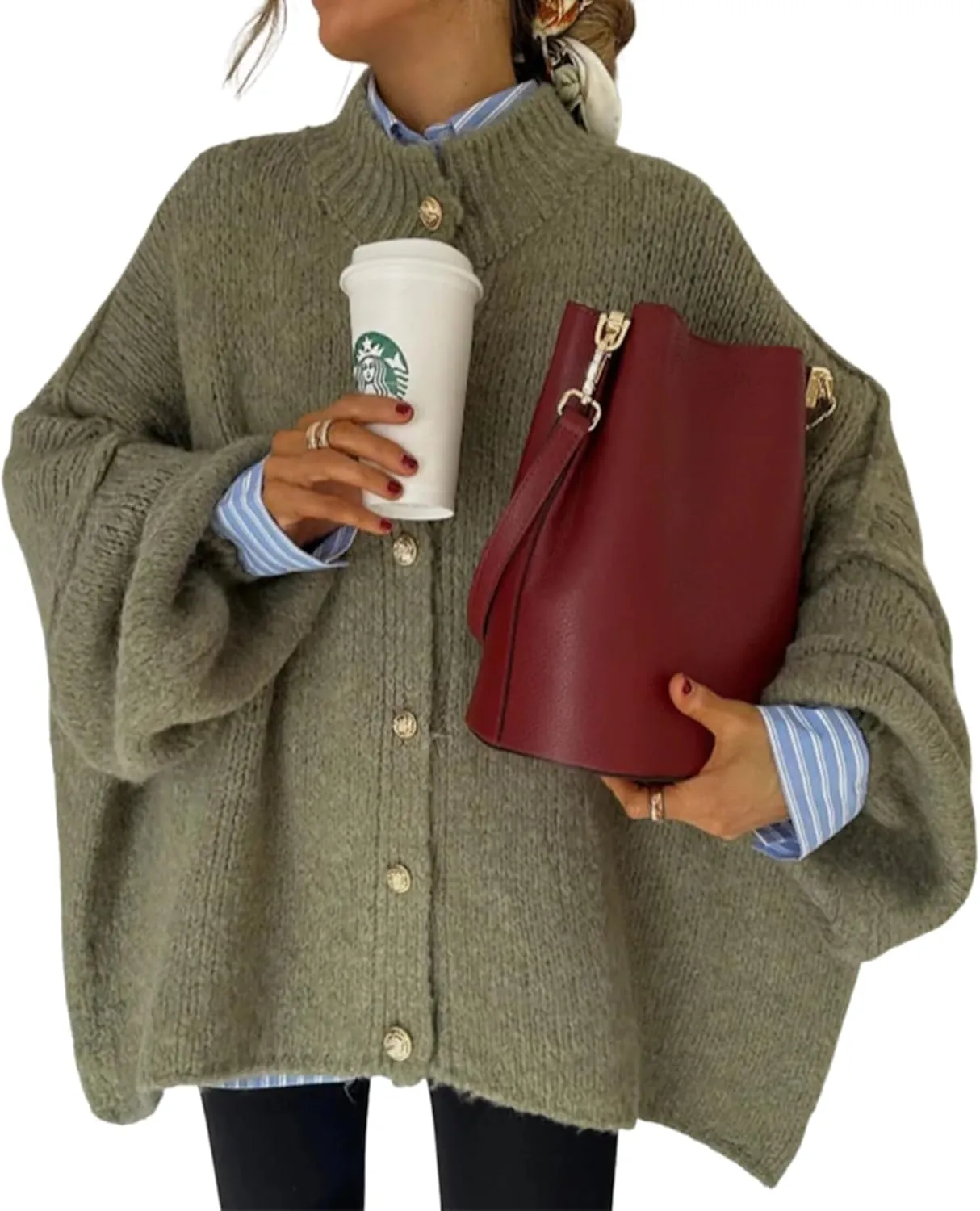 Women's Button Down Cardigans Oversized Chunky Knit Sweater Green Long Sleeves Turtleneck Outwear