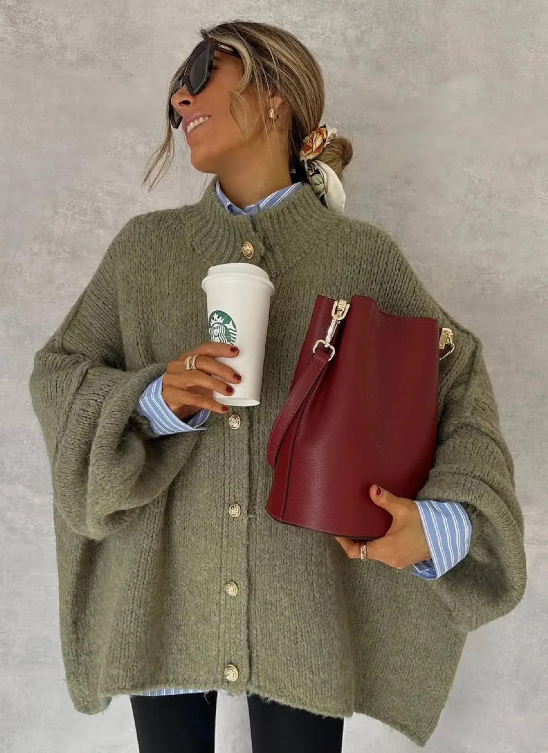 Women's Button Down Cardigans Oversized Chunky Knit Sweater Green Long Sleeves Turtleneck Outwear