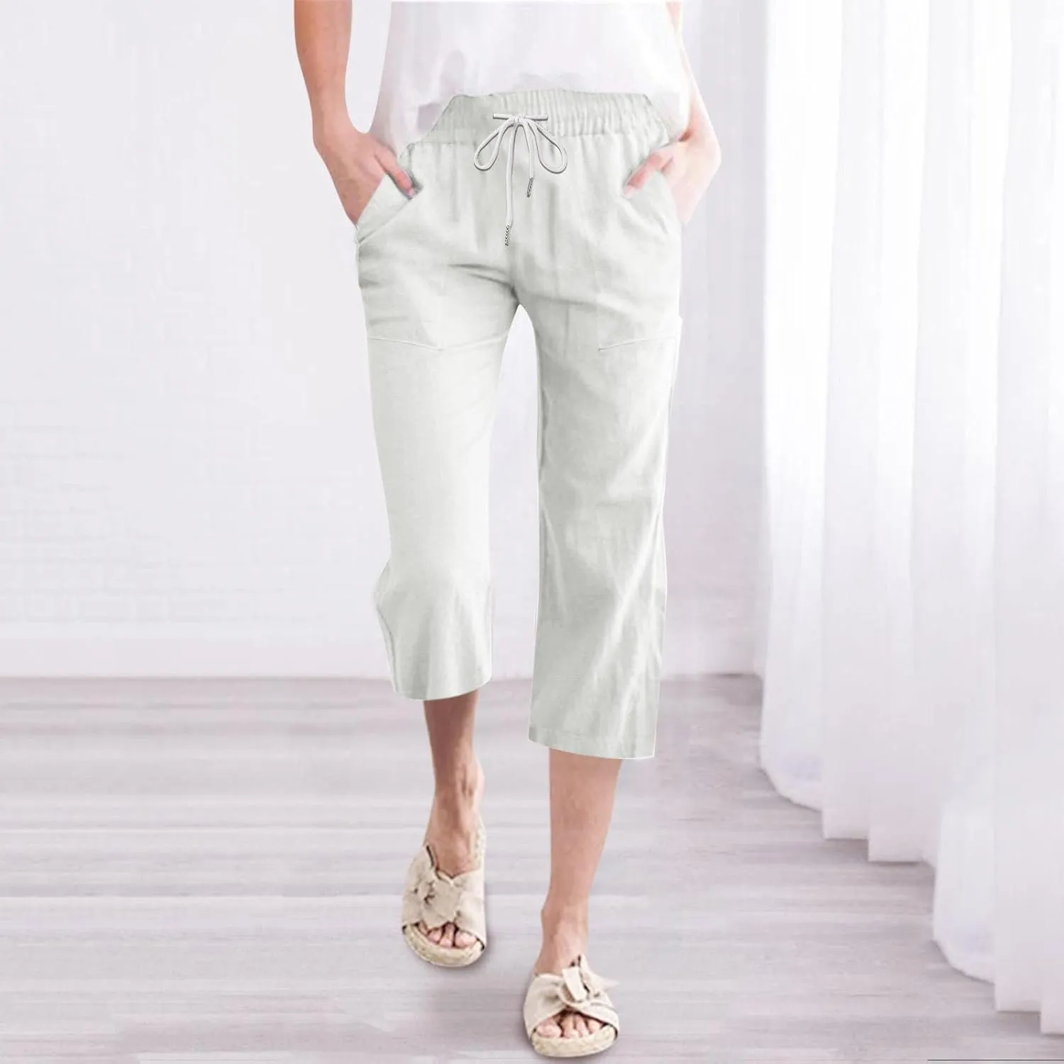 Womens Capris Pants Wide Leg Pants Drawstring Elastic Trousers Comfy Straight Leg Long Womens Linen Boho Capris