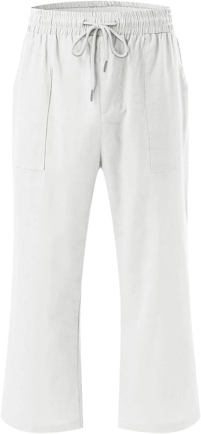 Womens Capris Pants Wide Leg Pants Drawstring Elastic Trousers Comfy Straight Leg Long Womens Linen Boho Capris
