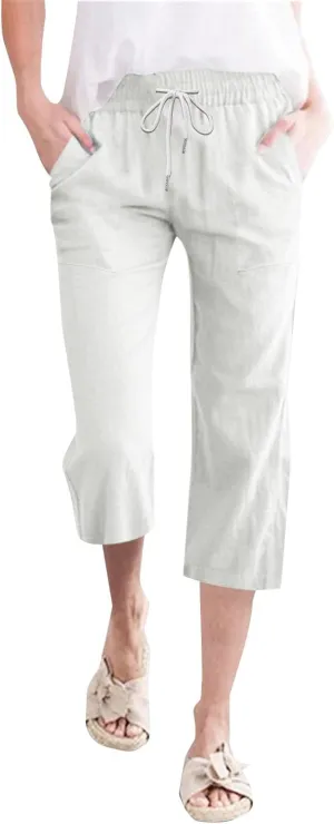Womens Capris Pants Wide Leg Pants Drawstring Elastic Trousers Comfy Straight Leg Long Womens Linen Boho Capris
