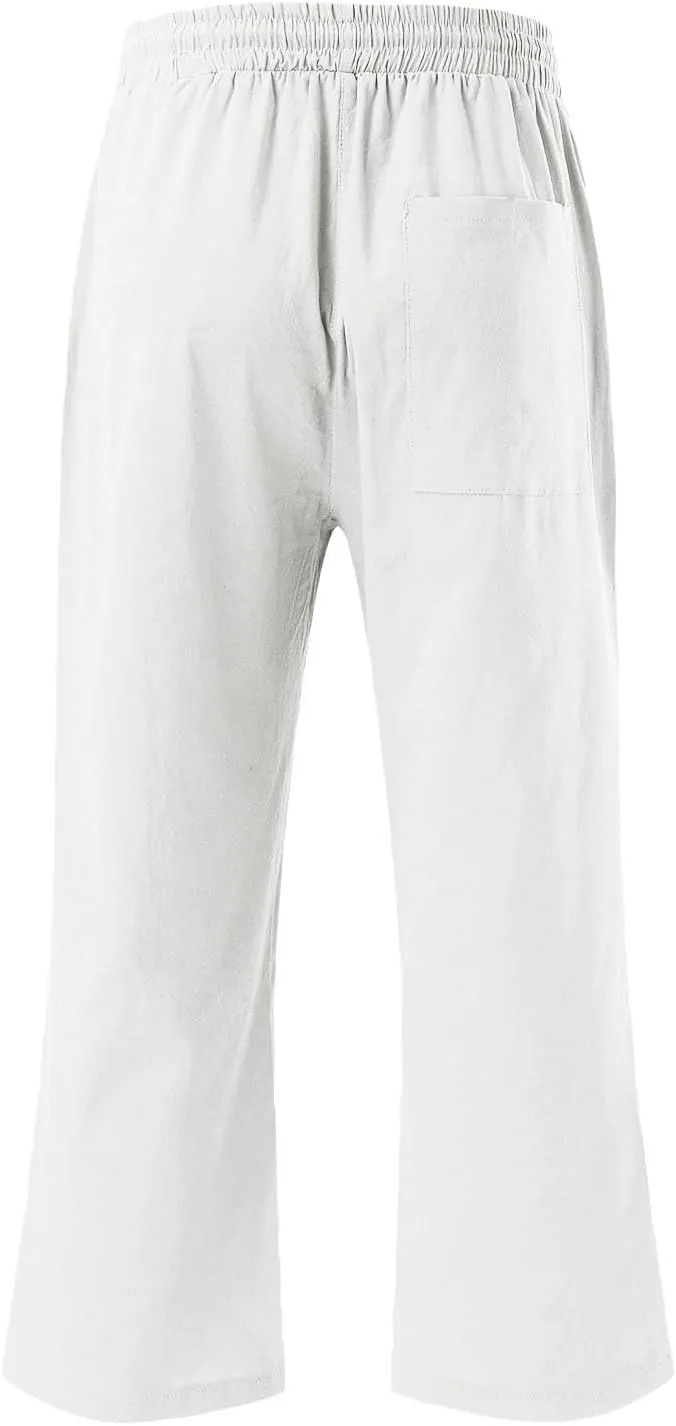 Womens Capris Pants Wide Leg Pants Drawstring Elastic Trousers Comfy Straight Leg Long Womens Linen Boho Capris