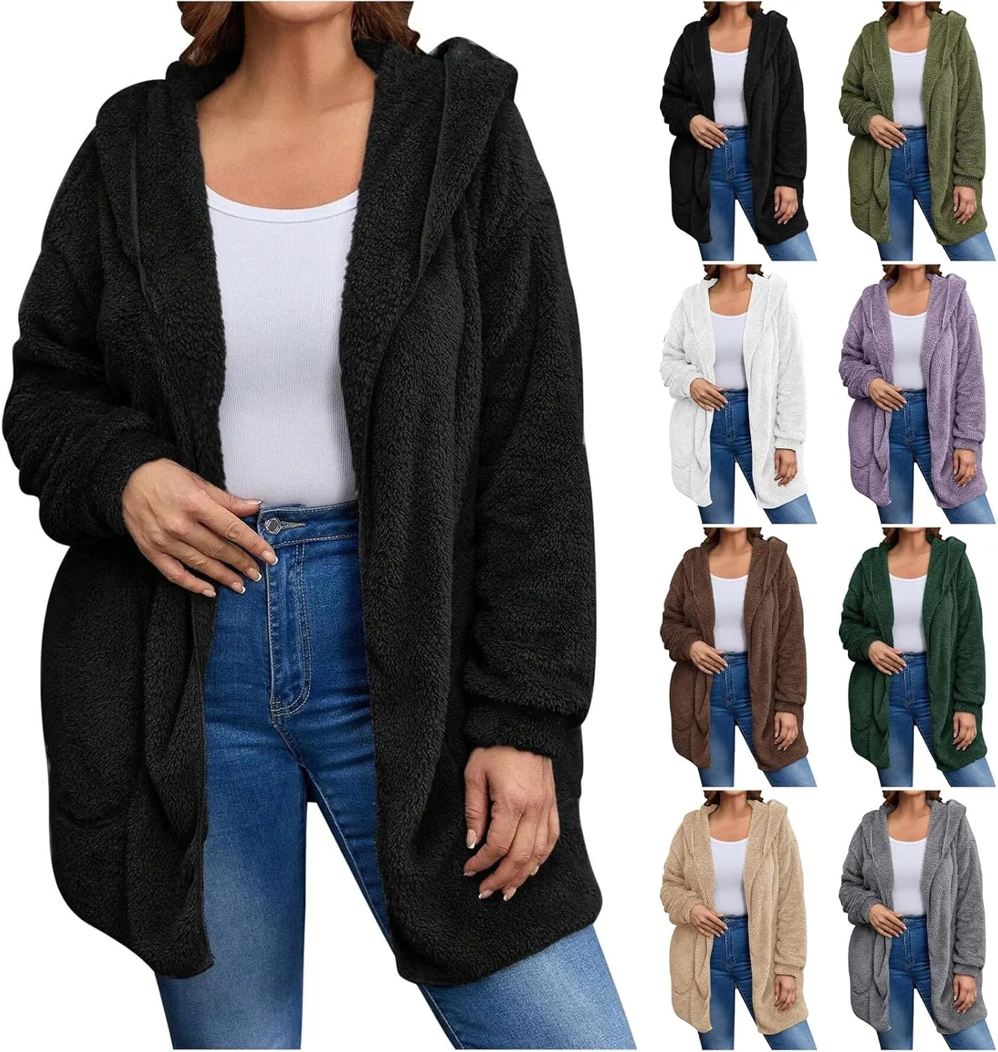 Womens Cardigan Hoodies Winter Oversized Open Front Fuzzy Fleece Hooded Jacket Warm Teddy Coat 2024 Fashion