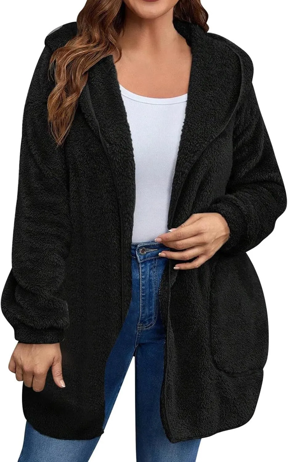 Womens Cardigan Hoodies Winter Oversized Open Front Fuzzy Fleece Hooded Jacket Warm Teddy Coat 2024 Fashion