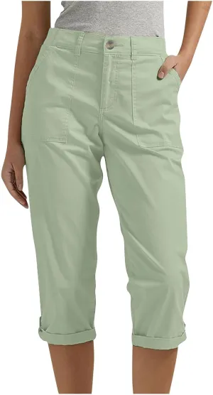 Women's Cargo Capri Pant Casual Loose-Fit Cuffed Hem Capris Pants Summer Cropped Pants, Zipper Fly with Button Closure