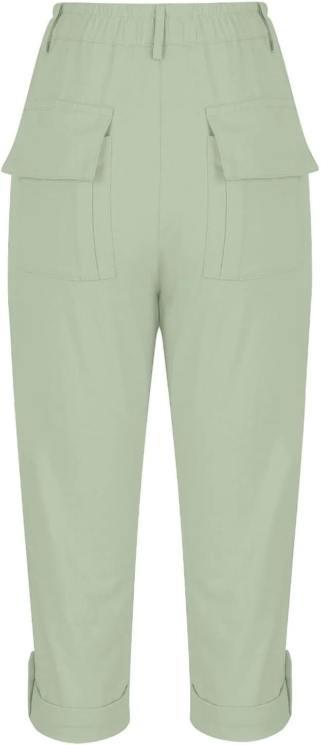 Women's Cargo Capri Pant Casual Loose-Fit Cuffed Hem Capris Pants Summer Cropped Pants, Zipper Fly with Button Closure