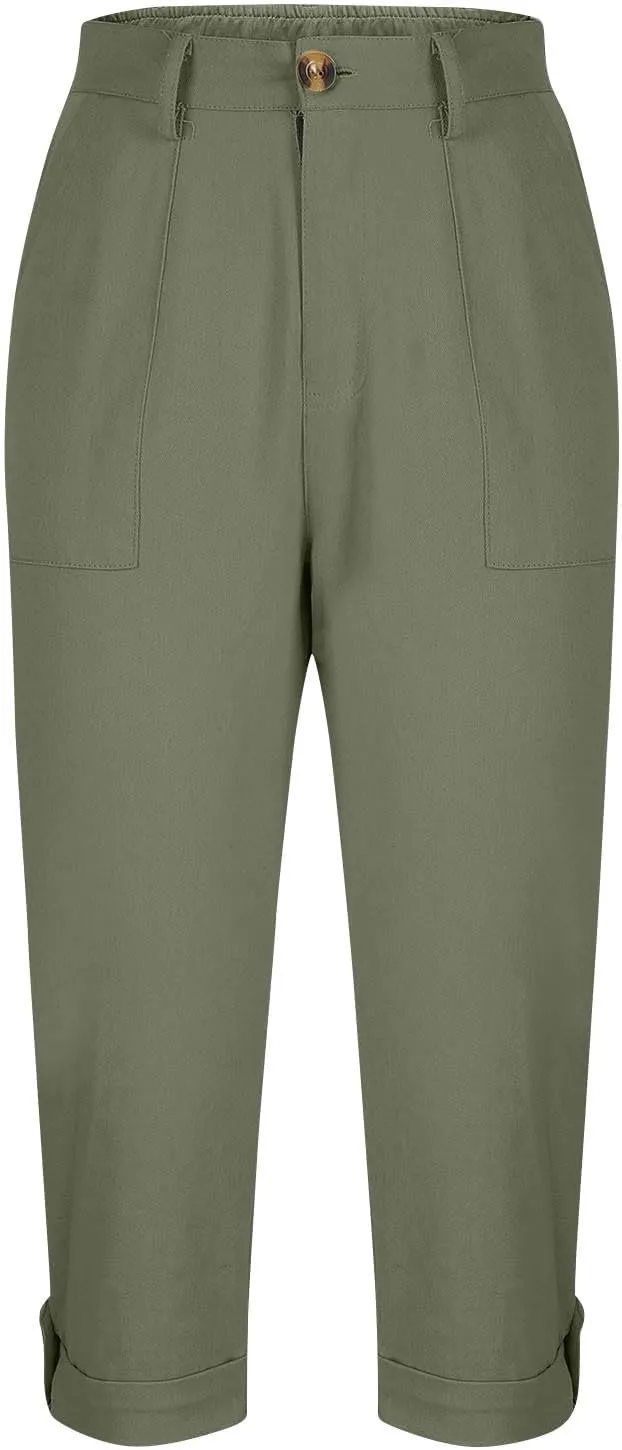 Women's Cargo Capri Pant Casual Loose-Fit Cuffed Hem Capris Pants Summer Cropped Pants, Zipper Fly with Button Closure