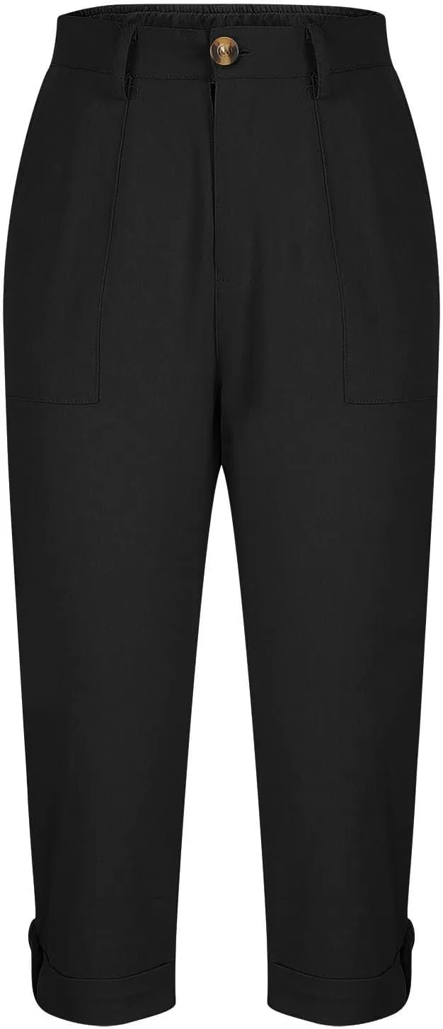 Women's Cargo Capri Pant Casual Loose-Fit Cuffed Hem Capris Pants Summer Cropped Pants, Zipper Fly with Button Closure