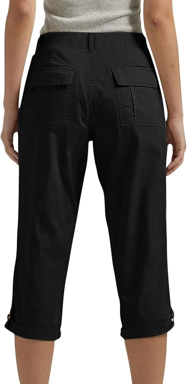 Women's Cargo Capri Pant Casual Loose-Fit Cuffed Hem Capris Pants Summer Cropped Pants, Zipper Fly with Button Closure