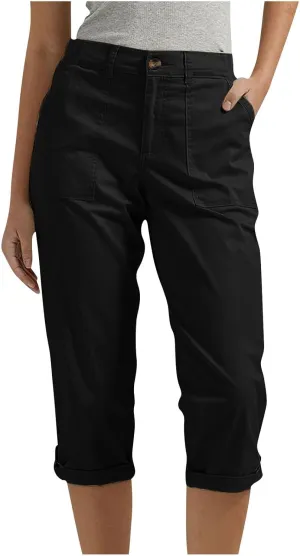 Women's Cargo Capri Pant Casual Loose-Fit Cuffed Hem Capris Pants Summer Cropped Pants, Zipper Fly with Button Closure