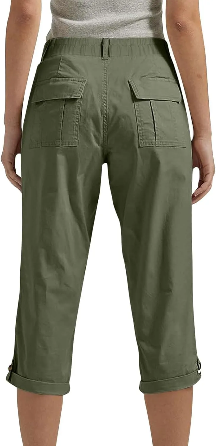 Women's Cargo Capri Pant Casual Loose-Fit Cuffed Hem Capris Pants Summer Cropped Pants, Zipper Fly with Button Closure