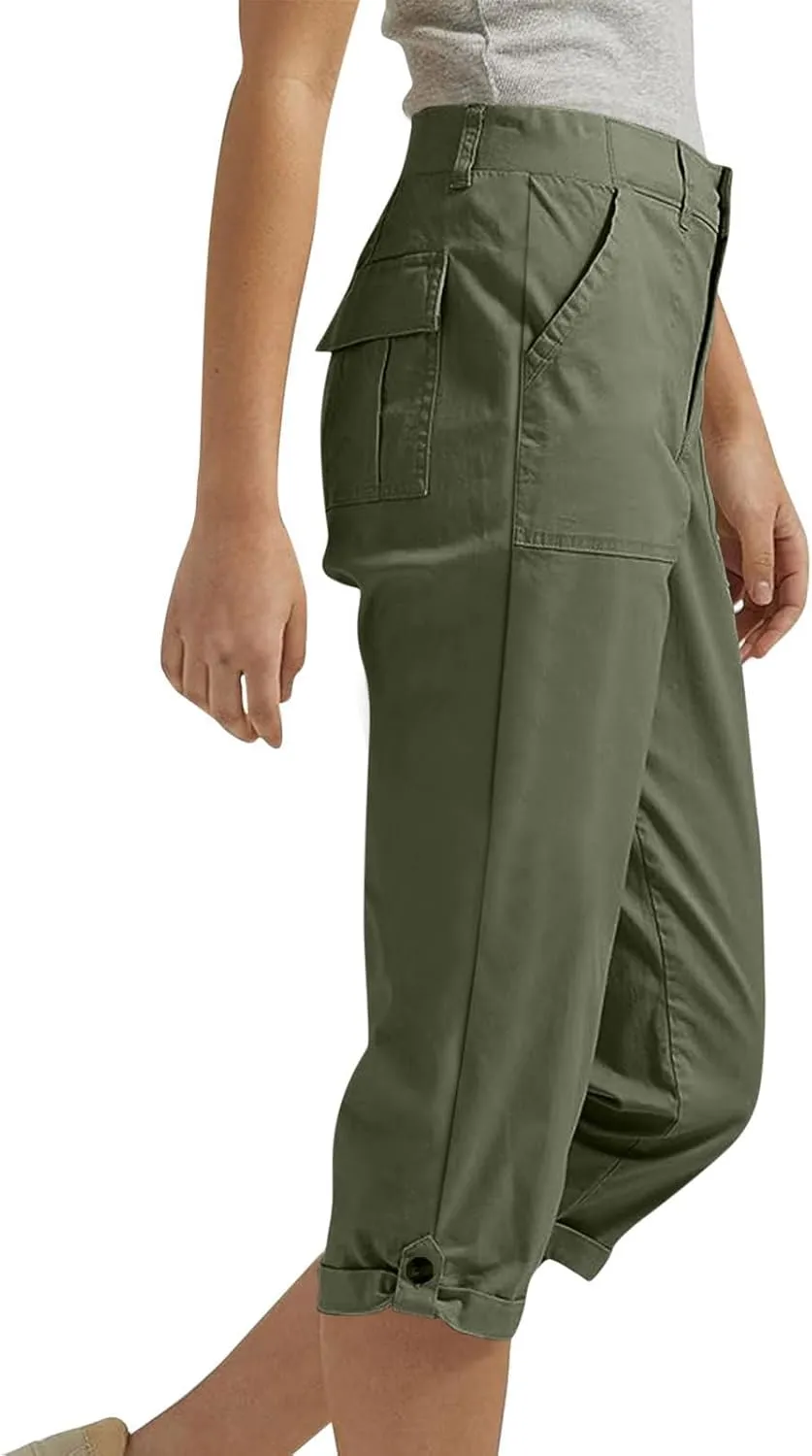 Women's Cargo Capri Pant Casual Loose-Fit Cuffed Hem Capris Pants Summer Cropped Pants, Zipper Fly with Button Closure