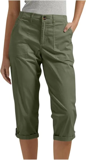 Women's Cargo Capri Pant Casual Loose-Fit Cuffed Hem Capris Pants Summer Cropped Pants, Zipper Fly with Button Closure