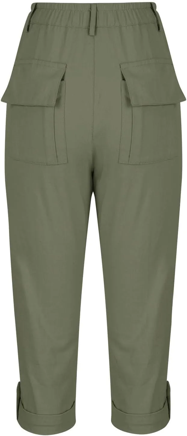Women's Cargo Capri Pant Casual Loose-Fit Cuffed Hem Capris Pants Summer Cropped Pants, Zipper Fly with Button Closure