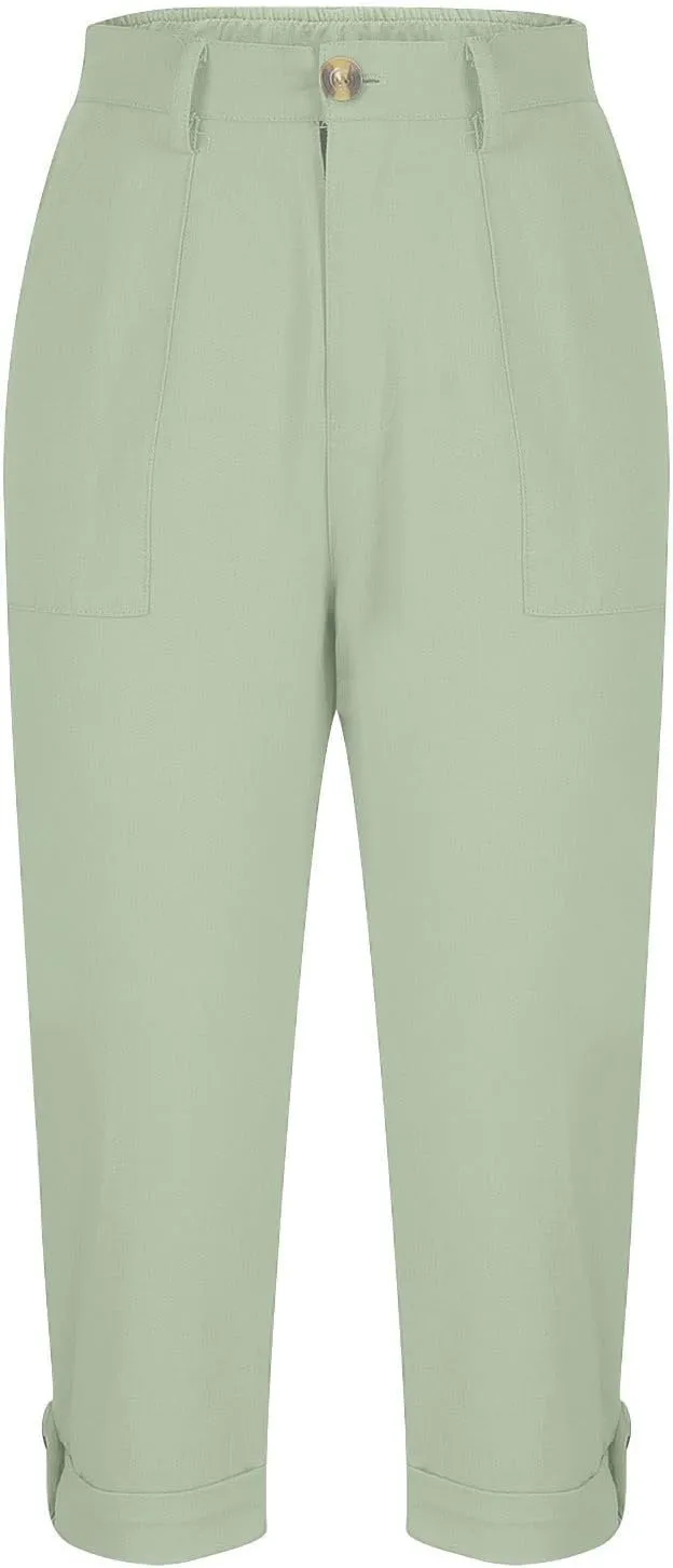 Women's Cargo Capri Pant Casual Loose-Fit Cuffed Hem Capris Pants Summer Cropped Pants, Zipper Fly with Button Closure