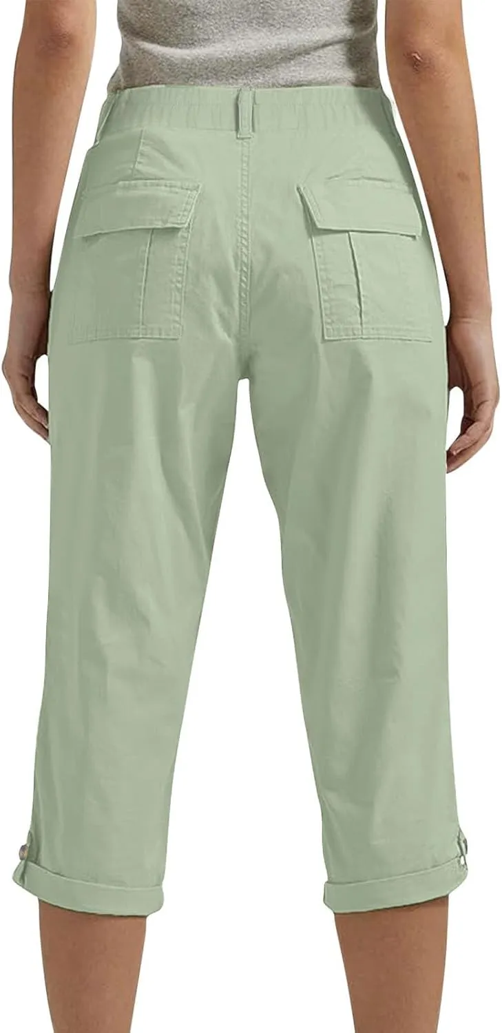 Women's Cargo Capri Pant Casual Loose-Fit Cuffed Hem Capris Pants Summer Cropped Pants, Zipper Fly with Button Closure