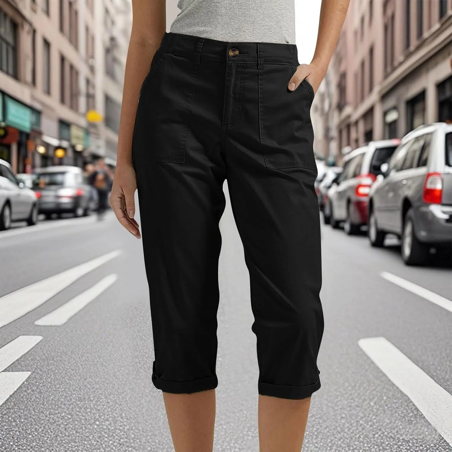 Women's Cargo Capri Pant Casual Loose-Fit Cuffed Hem Capris Pants Summer Cropped Pants, Zipper Fly with Button Closure