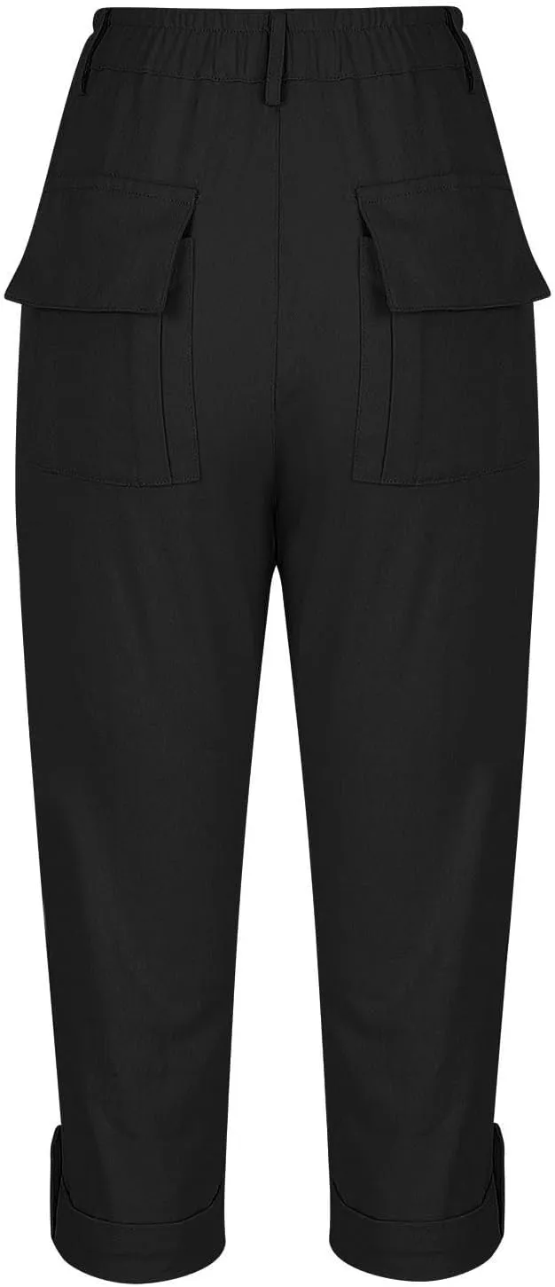 Women's Cargo Capri Pant Casual Loose-Fit Cuffed Hem Capris Pants Summer Cropped Pants, Zipper Fly with Button Closure